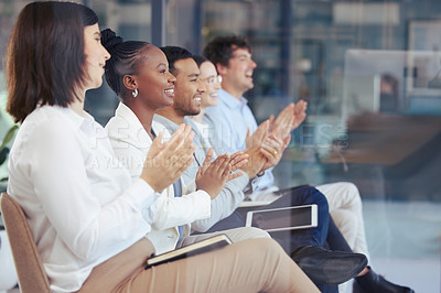 Buy stock photo Business people, meeting and applause for presentation, motivation or team collaboration at the office. Group of employees or audience clapping for teamwork, staff training or workshop at workplace