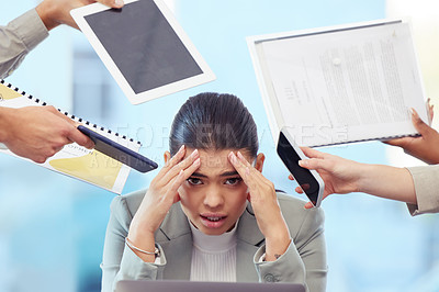 Buy stock photo Business woman, portrait and headache with documents in stress, chaos or anxiety from workload at office. Frustrated employee or female person with migraine, depression or pressure in crisis or debt