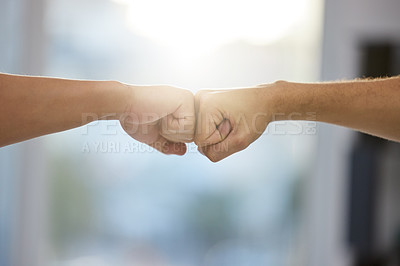 Buy stock photo People, hands and office for fist bump and partnership, teamwork and employee for business collaboration. Team building, cooperation and agreement, goals and company deal for support or achievement