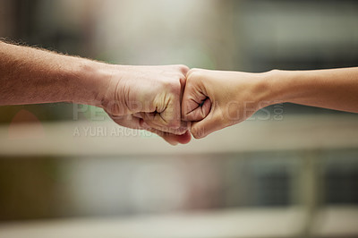 Buy stock photo People, fist bump and hands for goals and business, support and partnership or team building. Collaboration, together and goal or achievement, deal and staff for professional in workplace or trust