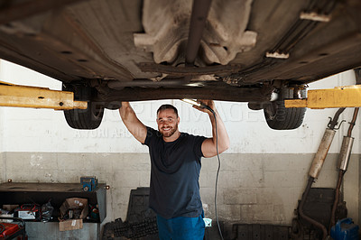 Buy stock photo Portrait, happy man and maintenance for vehicle in workshop and car service for safety. Mechanic, smile and working on motor in garage for inspection, test or check and care for performance value