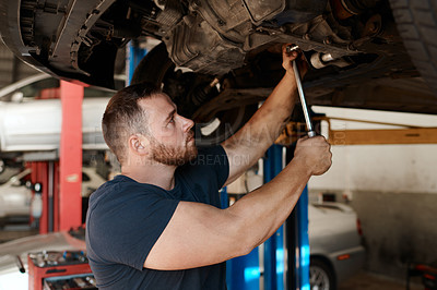 Buy stock photo Profile, tools and man for maintenance or car service in workshop with vehicle for safety. Mechanic, pride and working on motor in garage for inspection, test or check and care for performance value