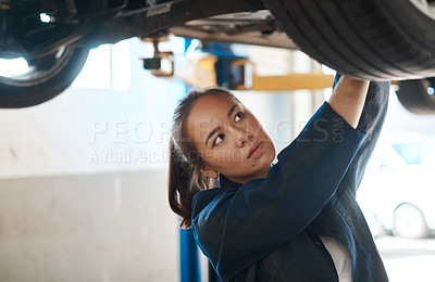 Buy stock photo Woman, inspection and tool for service with car in garage, checking or maintenance on engine. Female mechanic, auto and wrench for problem with oil or motor, technician working or repair on transport