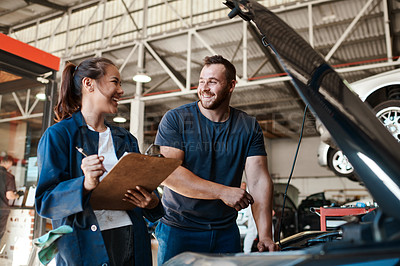 Buy stock photo People, car mechanic and workshop with clipboard for inspection on teamwork, collaboration and maintenance. Happy, employee and vehicle repairs or service as engineer with small business and garage