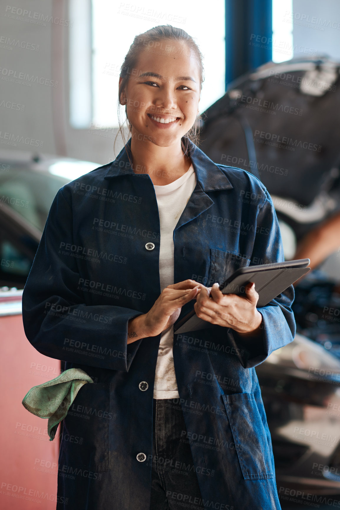 Buy stock photo Workshop, woman or car mechanic in portrait with tablet, maintenance and research with confidence. Repair shop, female expert and digital for motor inspection, ecommerce and order parts online 
