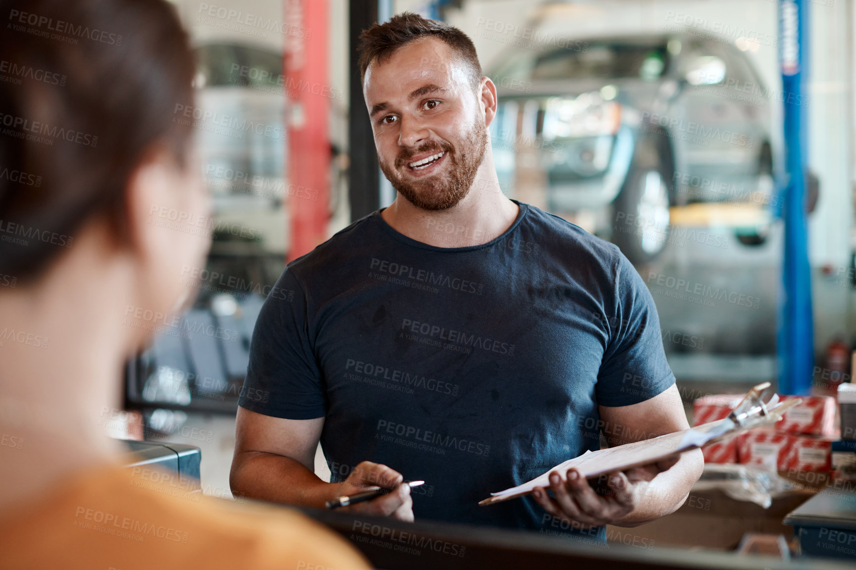 Buy stock photo Mechanic, man and customer talk with car report and clipboard for maintenance and repair check. Conversation, garage and motor inspection with paperwork and auto consultation for technician job