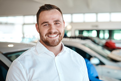 Buy stock photo Car dealership, portrait or happy man with smile for vehicle, finance opportunity or confidence. Welcome, seller or proud auto trader in showroom ready for business, transportation or good service