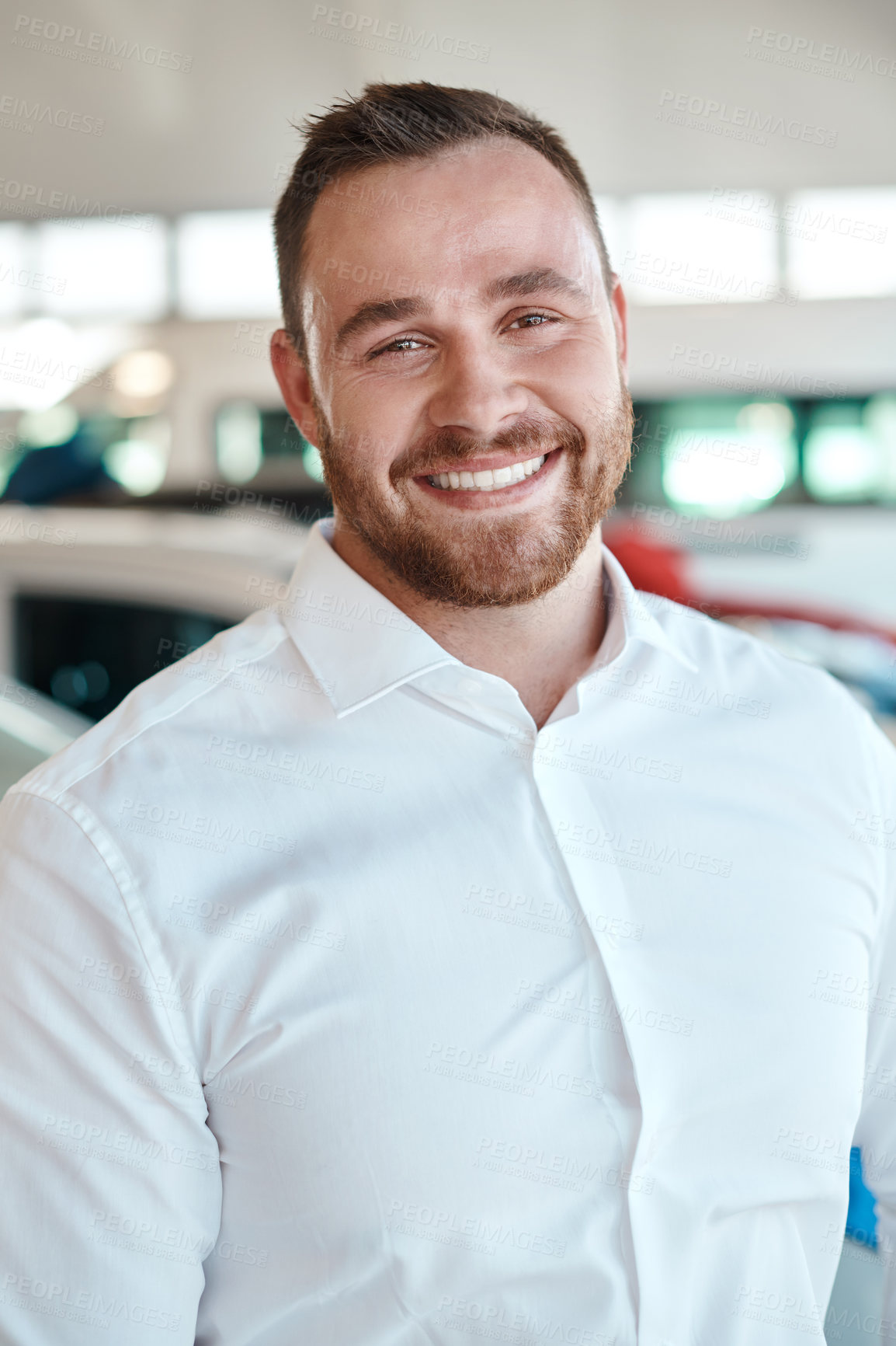 Buy stock photo Car dealership, seller or happy man in portrait for vehicle, finance opportunity and confidence. Welcome, smile or proud auto trader in showroom ready for business, transportation or good service