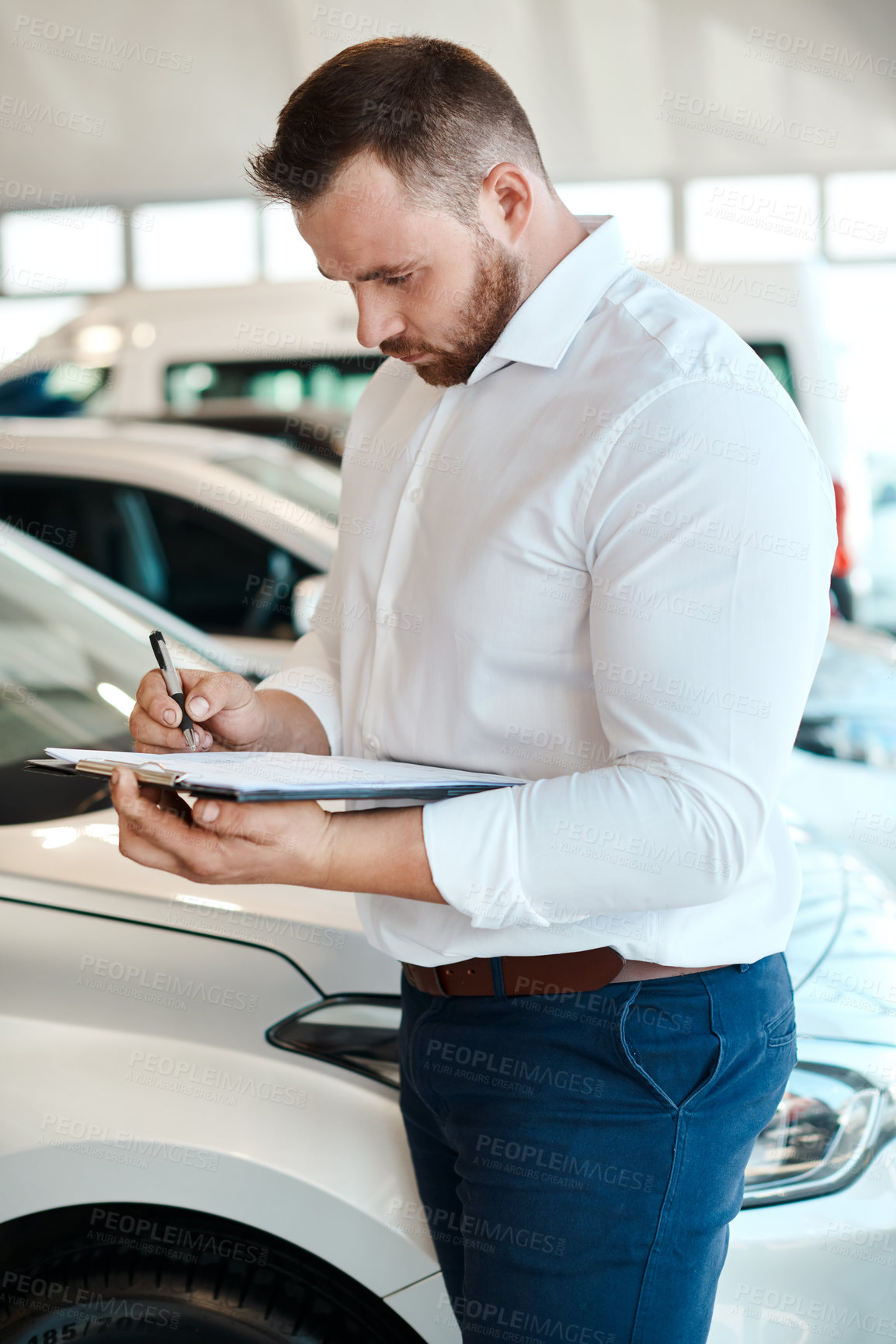 Buy stock photo Car dealership, writing or salesman with documents for vehicle, finance checklist or loan paperwork. Insurance, clipboard or seller in showroom with business, transportation or contract by automobile