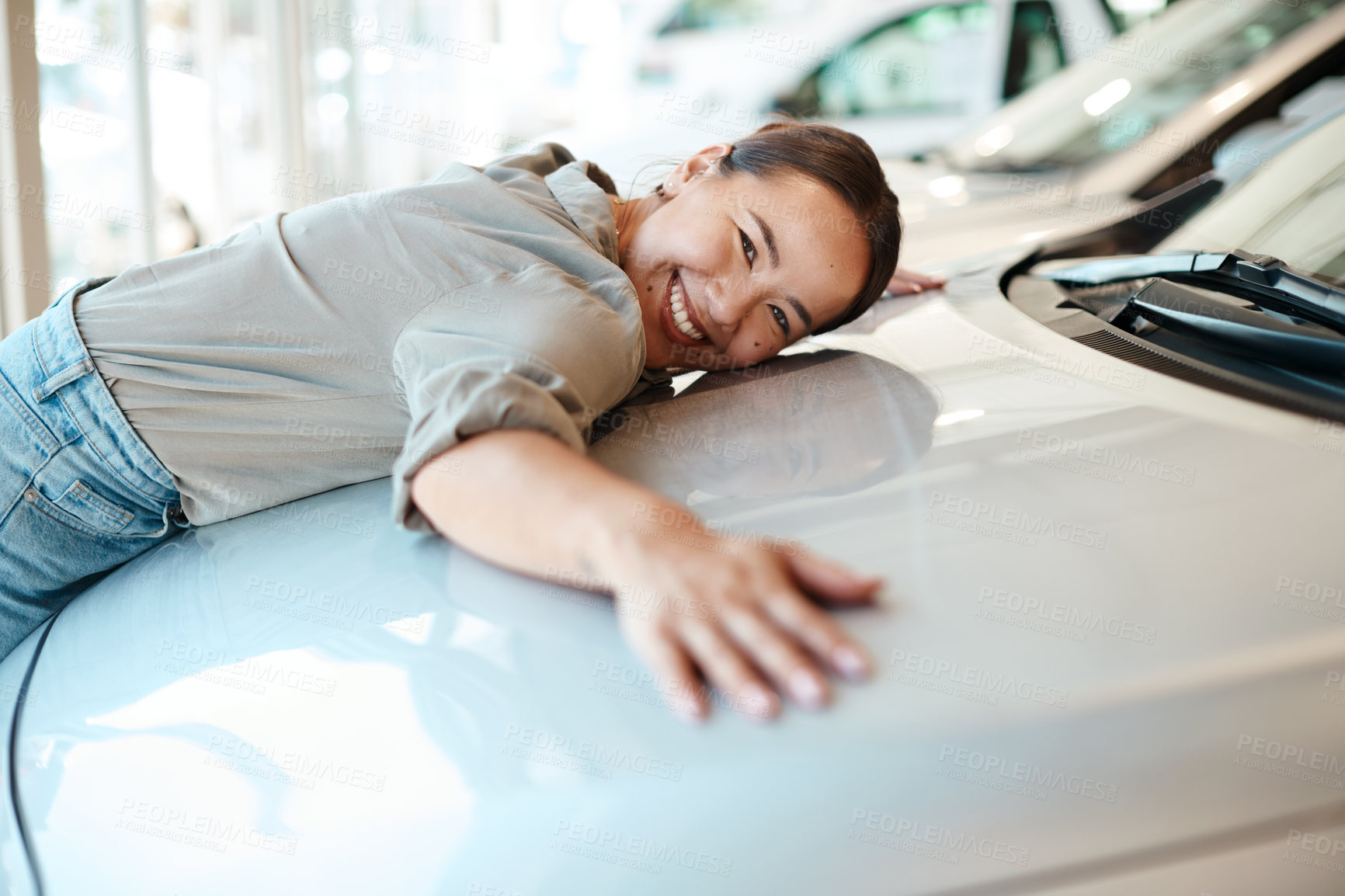 Buy stock photo New car, hug or portrait of happy woman in dealership for purchase, winning or loan success. Customer, love and proud driver in showroom for transportation, automobile shopping or warranty with smile