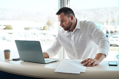 Buy stock photo Laptop, documents and car sales man with invoice, quote and financial report for retail or transportation industry. Focus, busy and professional dealership person or boss on computer with paperwork