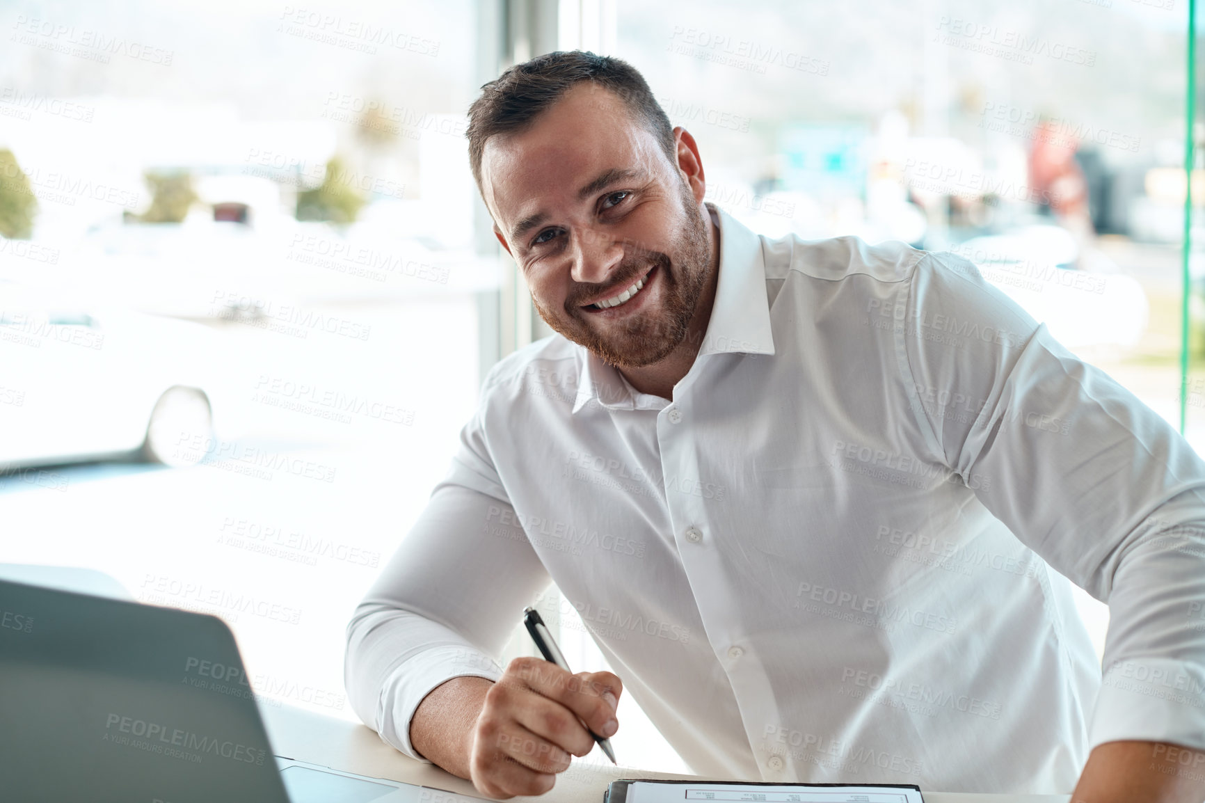 Buy stock photo Man, paperwork and portrait in office at car dealership with contract, sales and discount for vehicle. Person, auto salesman and documents for deal, career or info for entrepreneurship at showroom