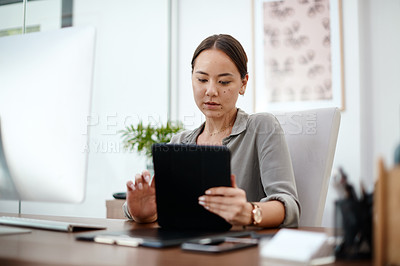 Buy stock photo Tablet, computer and business woman in office for website analysis, online management and technology solution. Planning, typing or scroll of asian person, worker or employee on digital technology app