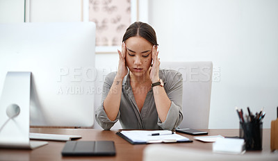 Buy stock photo Migraine, headache and business woman in office with online career burnout, mental health risk and mistake. Brain fog, problem or pain of asian person or employee massage temple, fatigue and stress