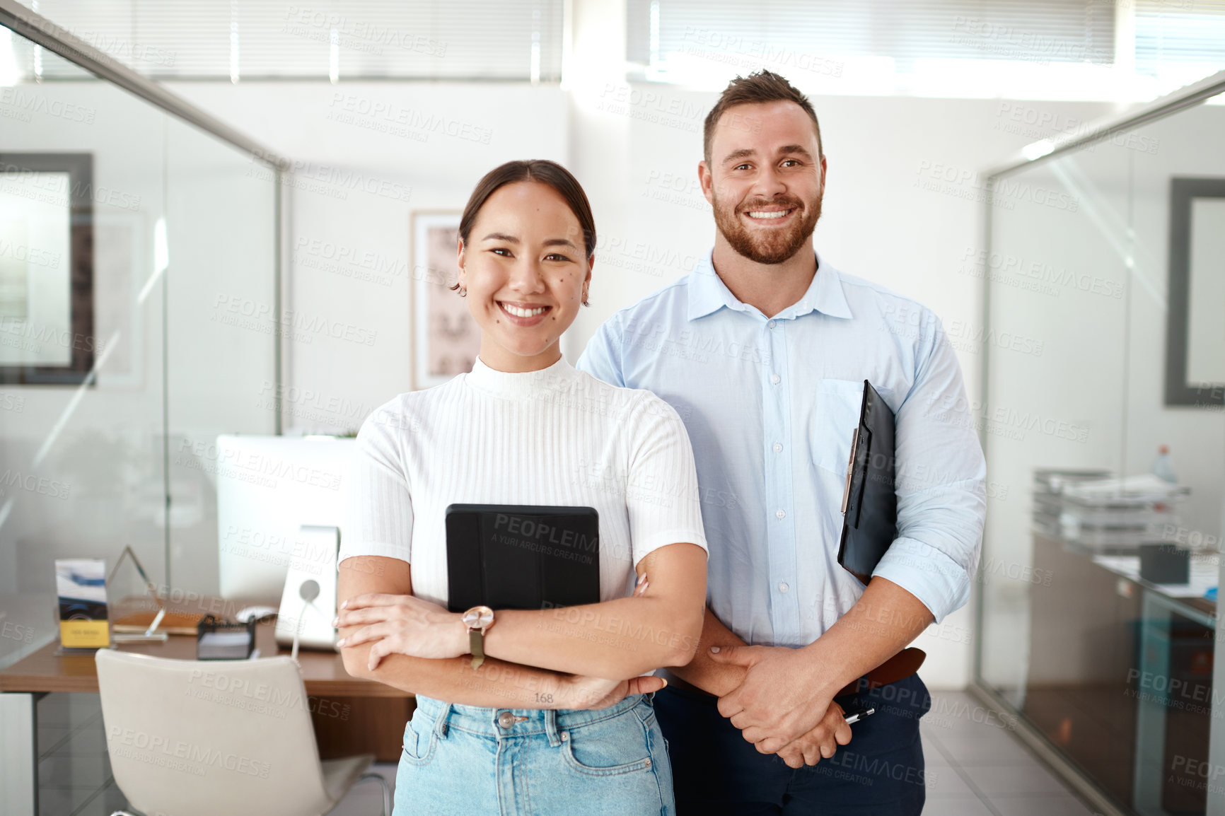 Buy stock photo People, portrait and file or tablet in workplace together, happy and team in office or business career. Smile, confident and professional or job with employee, collaboration and company vision