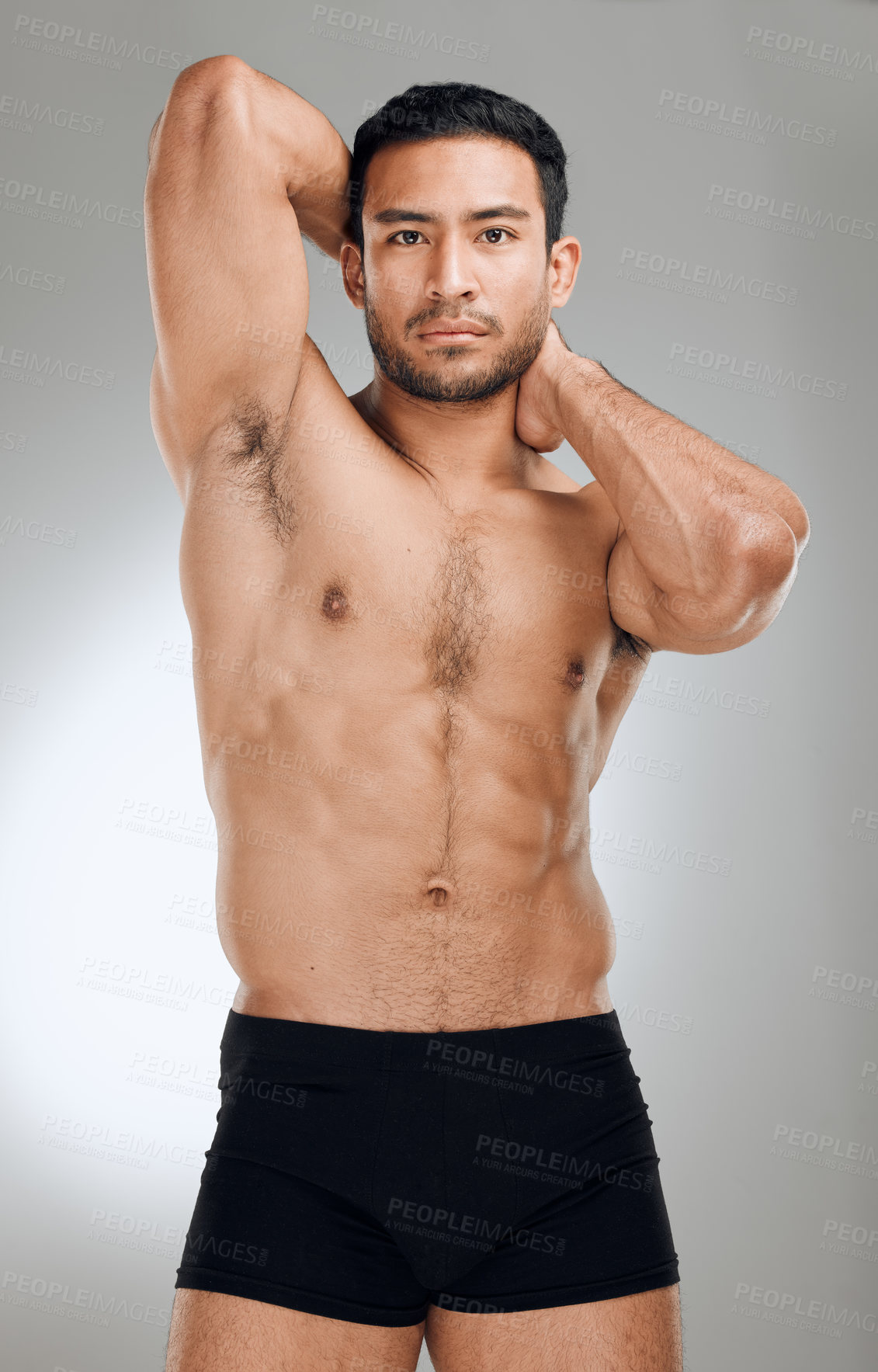 Buy stock photo Studio portrait, man and body muscle development for fitness with exercise aesthetic and results for sport. Shirtless, stripper guy and strong abdomen with abs for sensual figure by grey background