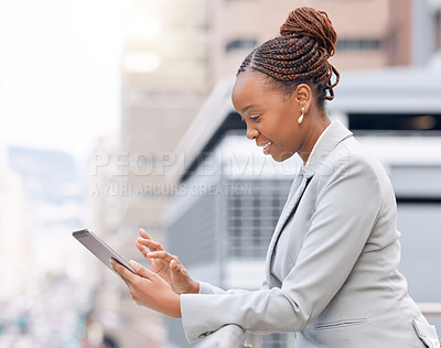 Buy stock photo Technology, businesswoman with tablet and happy on a balcony outdoors. Social networking or connectivity, online communication and African female person with digital device writing an email on roof