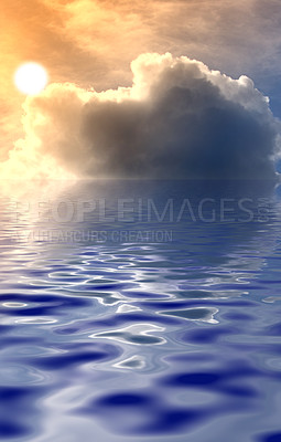 Buy stock photo Sunrise on the horizon, fluffy clouds over calm rippled ocean water. View of peaceful harmony and fresh air, texture details of patterns on a water surface. Beautiful sunset over soft blue waves