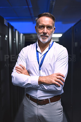 Buy stock photo Portrait of a mature man working in a server room