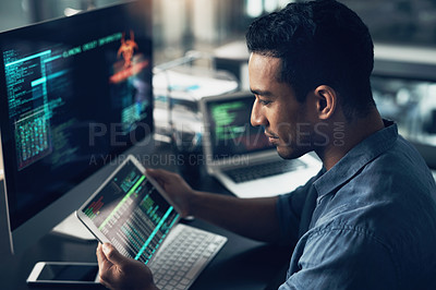 Buy stock photo Programming, employee and man with a tablet, cyber security and computer in a modern office. Male person, programmer and coder with technology, coding and digital software with internet connection