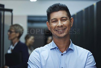 Buy stock photo Portrait of a happy man working in a server room