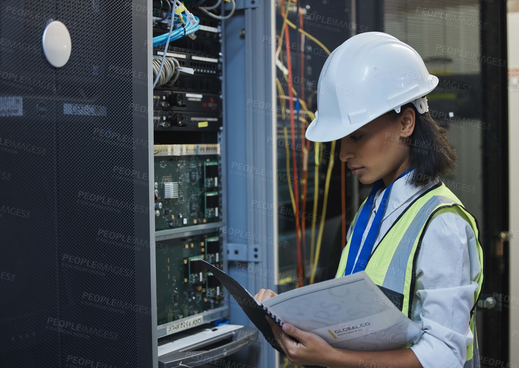 Buy stock photo Woman, data center and server room for internet infrastructure and inspection of computer. Network engineer, IT support and cybersecurity with neon, software and company info for cloud computing