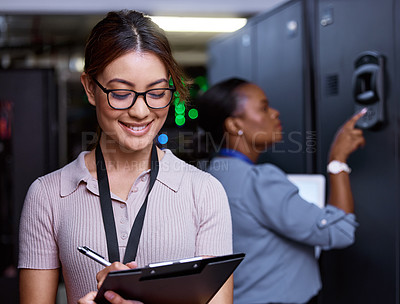 Buy stock photo Woman, computer and server room with tablet for security, firewall and safety from cyber attack. Technician, tech and data center with hardware for software update, encryption and database management