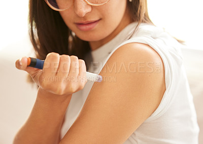 Buy stock photo Woman, hands and insulin injection in arm for diabetes, medical condition and treatment at home. Needle, medication and syringe for health, wellness and person care with medicine for blood sugar