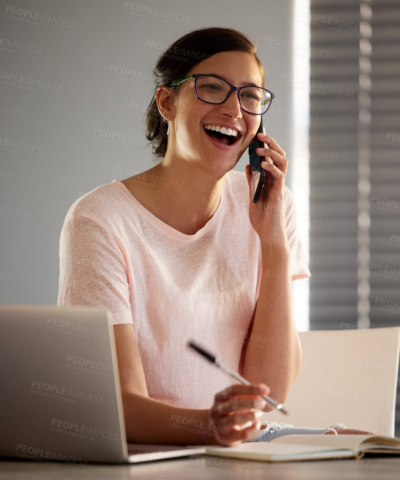 Buy stock photo Phone call, happy and woman for remote work with laptop for communication, connection and contact. Working from home, business and person laugh on smartphone for conversation, talking and discussion