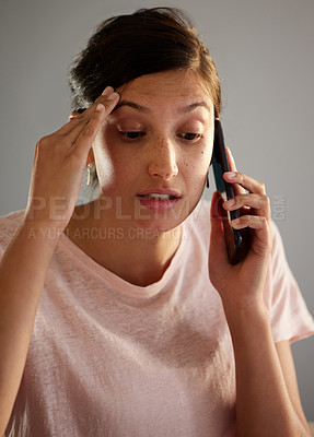 Buy stock photo Stress, headache and woman with phone call in house frustrated by connection fail, disaster or network crisis. Smartphone, conversation and home with bad news, mistake or anxiety for phishing scam