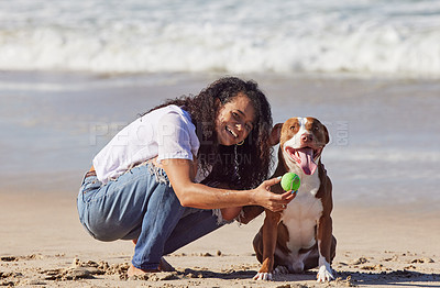 Buy stock photo Beach, woman and dog with ball, smile and fun exercise, healthy energy or happy animal in nature. Ocean, games and playful pitbull with outdoor training, pet fitness and wellness with morning play