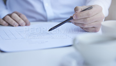 Buy stock photo Hand, medical paperwork and pen at desk for information, report or history with planning for wellness. Person, documents and writing with checklist, decision and legal contract for health in hospital