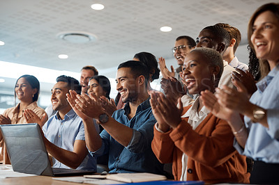 Buy stock photo Applause, support and success with a business team clapping as an audience at a conference or seminar. Meeting, wow and motivation with a group of colleagues or employees cheering on an achievement