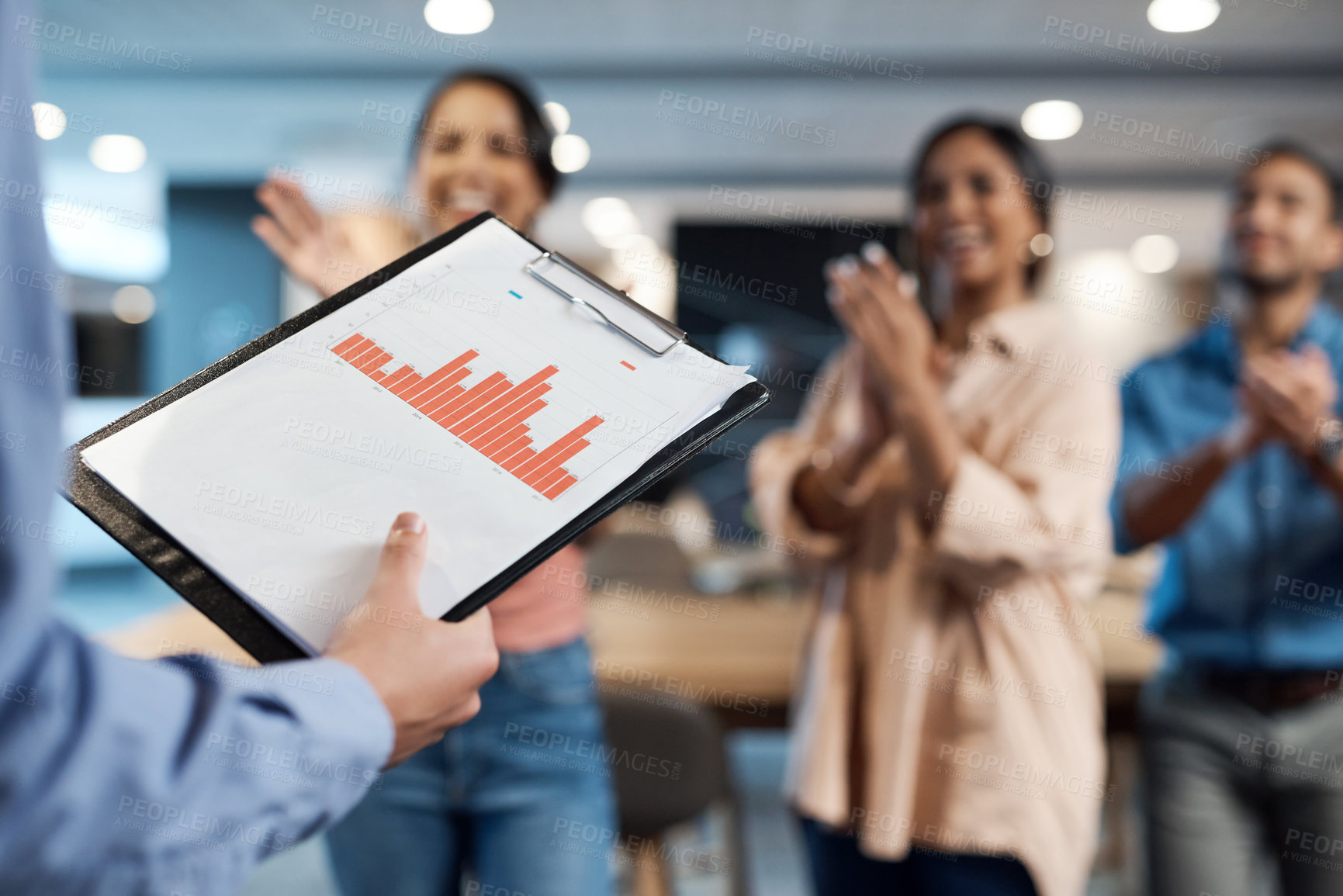 Buy stock photo Shot of a group of businesspeople clapping during a financial meeting in a modern office