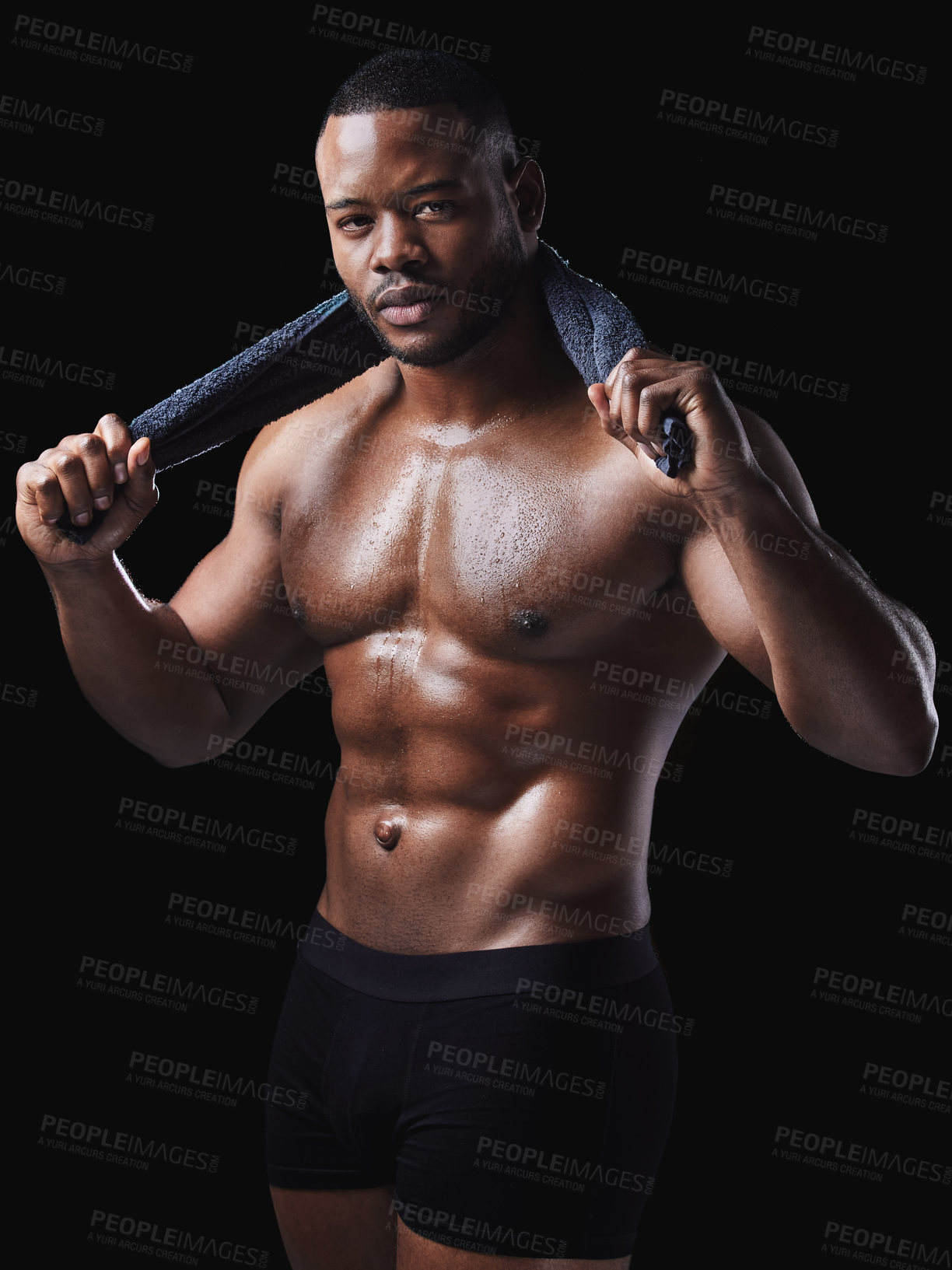 Buy stock photo Portrait, body and black man with neck towel for sweat, sports training and workout goals in studio. African male person, bodybuilder and exercise for muscle results and health by dark background