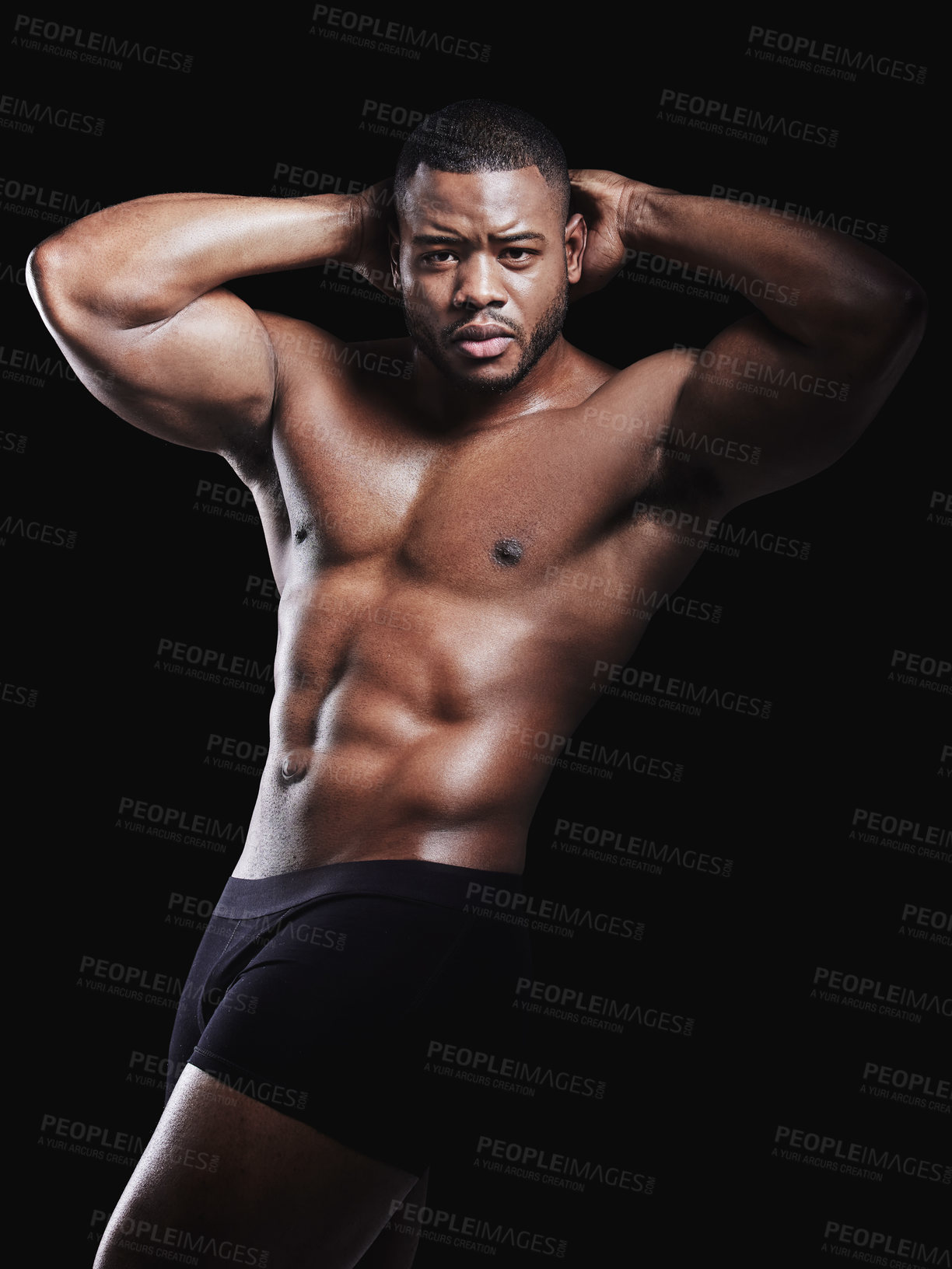 Buy stock photo Black man, portrait and abdomen in studio for exercise, strong bodybuilder or training for wellness. Male athlete, dark background or confidence for topless workout, stomach with muscle for gym sport