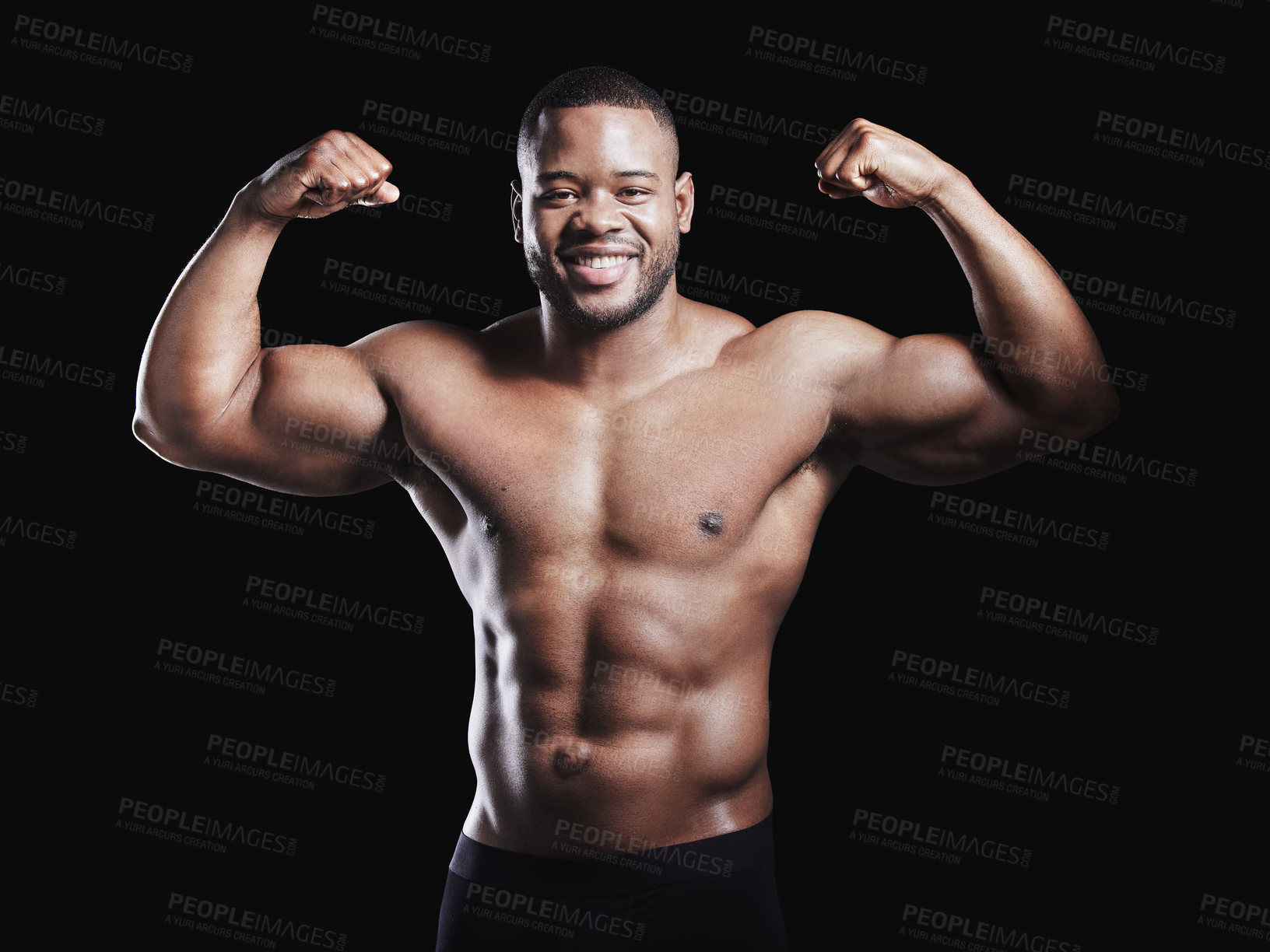 Buy stock photo Fitness, flex muscle and black man in studio with arms for training, workout routine or biceps on dark background. Strong, wellness and shirtless bodybuilder for confidence, abs growth or health