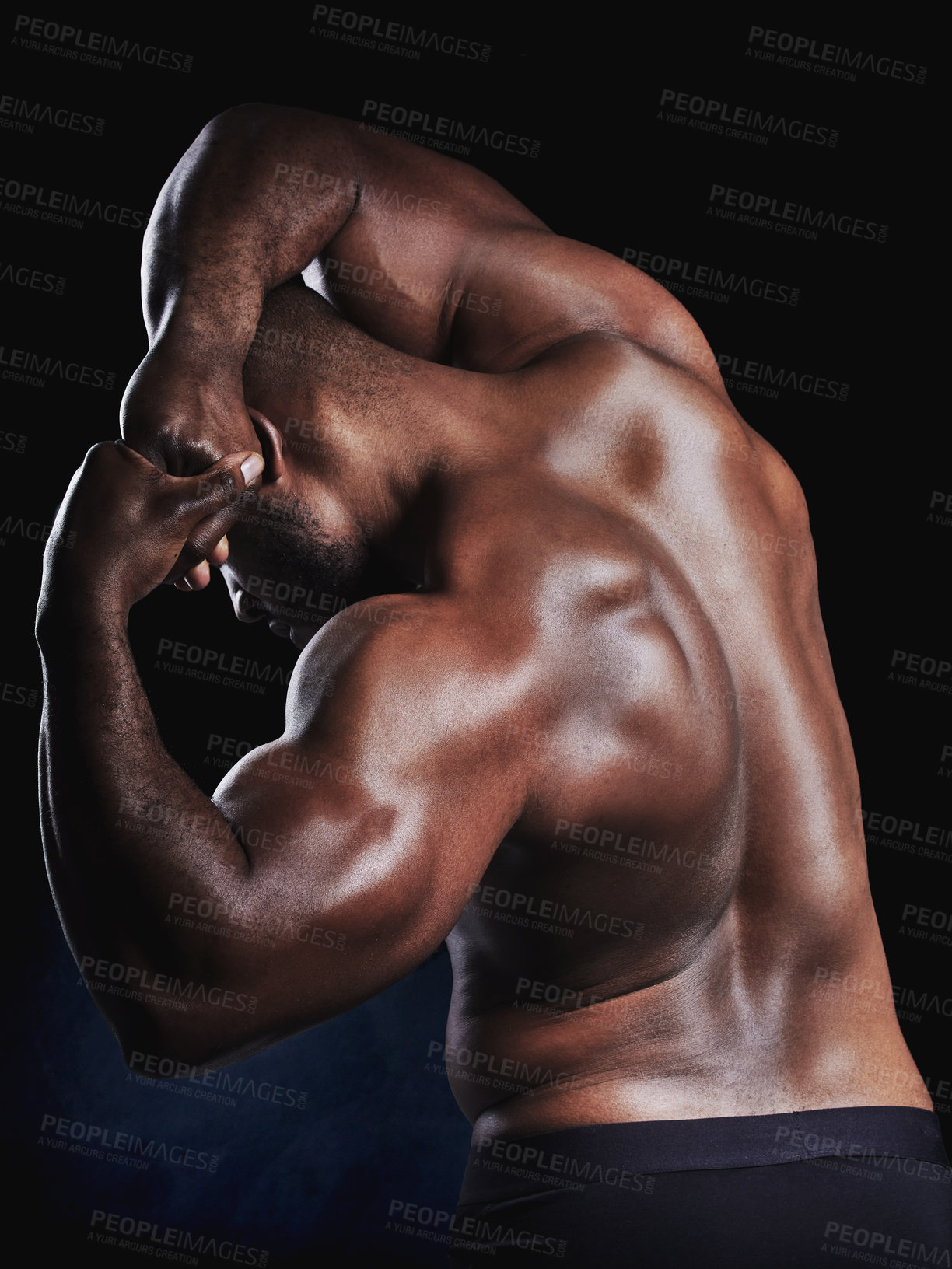 Buy stock photo Back muscle, black man and flexing in studio for wellness, fitness or workout routine on dark background. Biceps, bodybuilder athlete and person for strength, toned physique or training progress