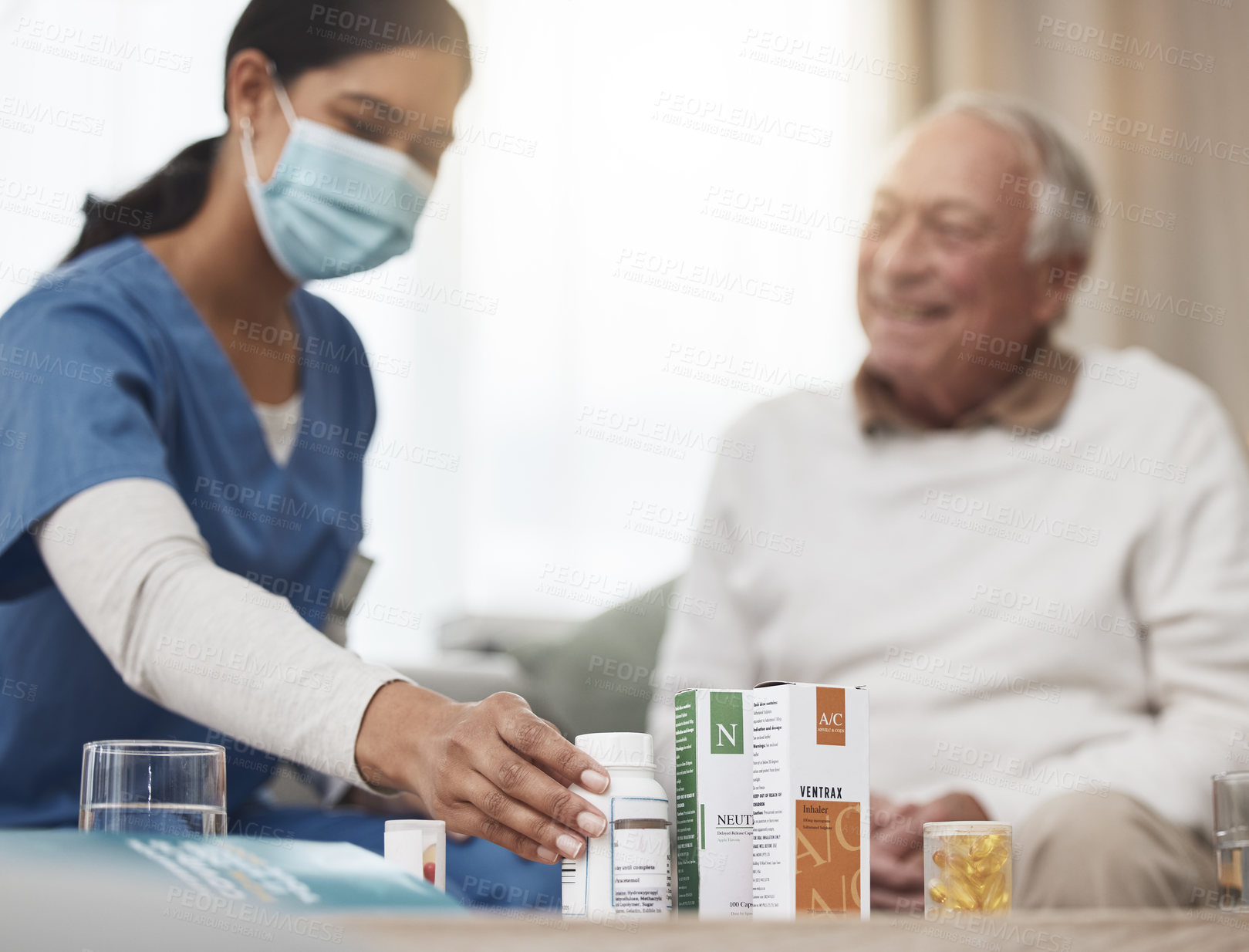 Buy stock photo Patient, nurse and medication with checkup at home with healthcare worker in retirement house for support. Treatment, tablets and hygiene with scrubs for visit with elderly sick man for recovery.