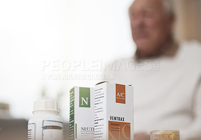 Buy stock photo Shot of medication on a table at home