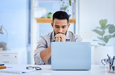 Buy stock photo Young business man, mistake and laptop with stress, 404 glitch and anxiety at web design job. Businessman, worry and frustrated with computer, thinking or problem solving with deadline in workplace