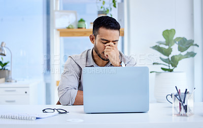 Buy stock photo Employee, stress and man with a headache, laptop and overworked with pain, mental health issue and professional. Male person, consultant or entrepreneur with a pc, burnout and migraine with fatigue
