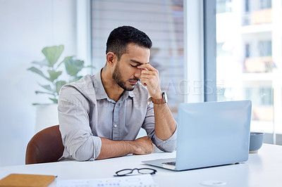 Buy stock photo Business, stress and man with a headache, laptop and overworked with health issue, professional and pain. Male person, employee or entrepreneur with a pc, burnout and migraine with fatigue or problem