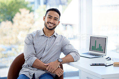 Buy stock photo Review data, portrait of businessman with laptop and sitting at his desk in a office at workplace. Networking or connectivity, management and happy male person with graphic charts on desktop 