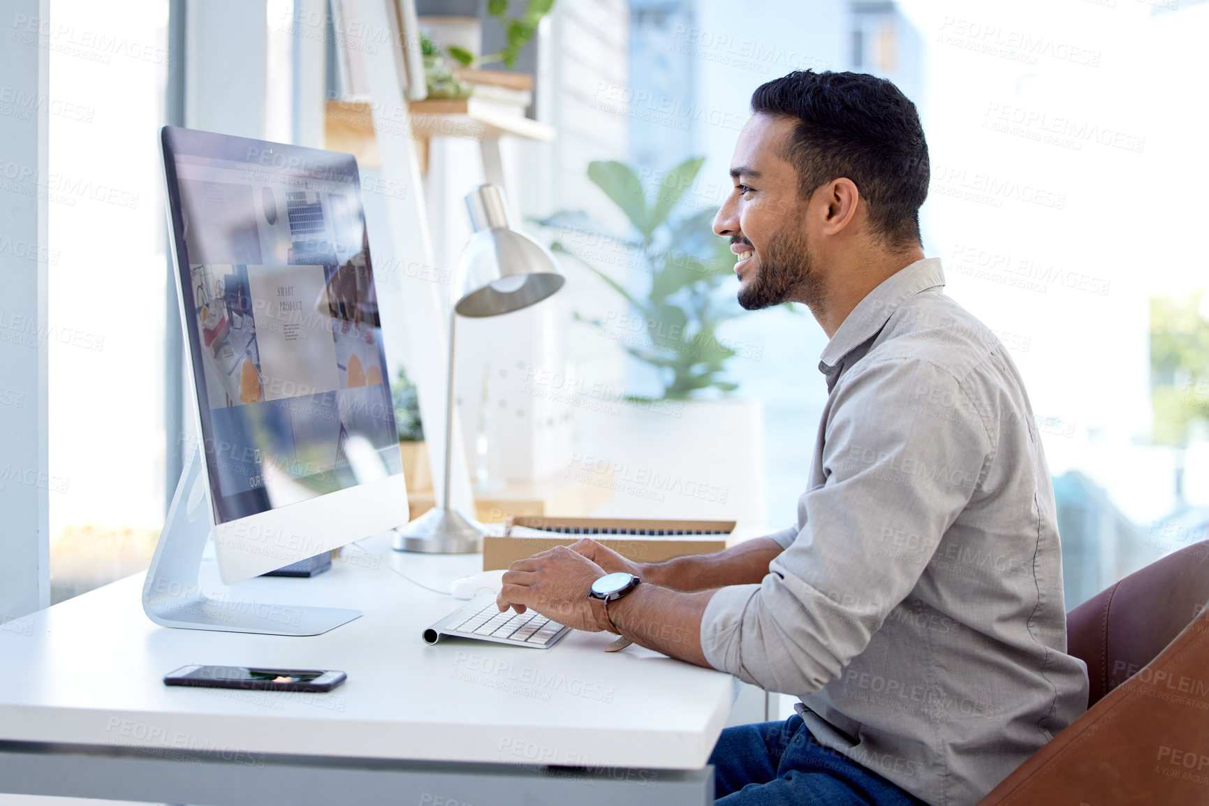 Buy stock photo Technology, businessman with computer and typing on keyboard at a desk in office at his workplace smiling with a lens flare. Networking, connectivity and male person with pc at his workstation