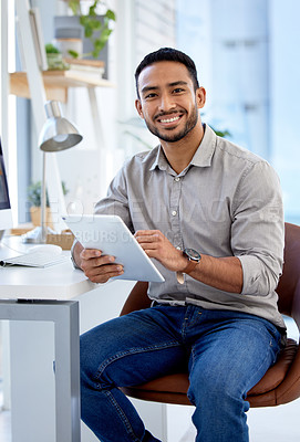 Buy stock photo Professional, man and tablet in portrait working as entrepreneur with a smile for a startup at a desk. Business person, male and tech in a company for research is typing online with ideas.