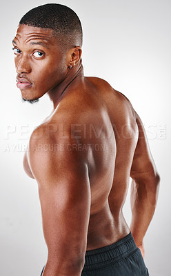 Buy stock photo Portrait, African man and back in studio for fitness, workout and results for muscles. Male athlete or bodybuilder, wellness and arms or biceps by white background for sportsman, training and pride