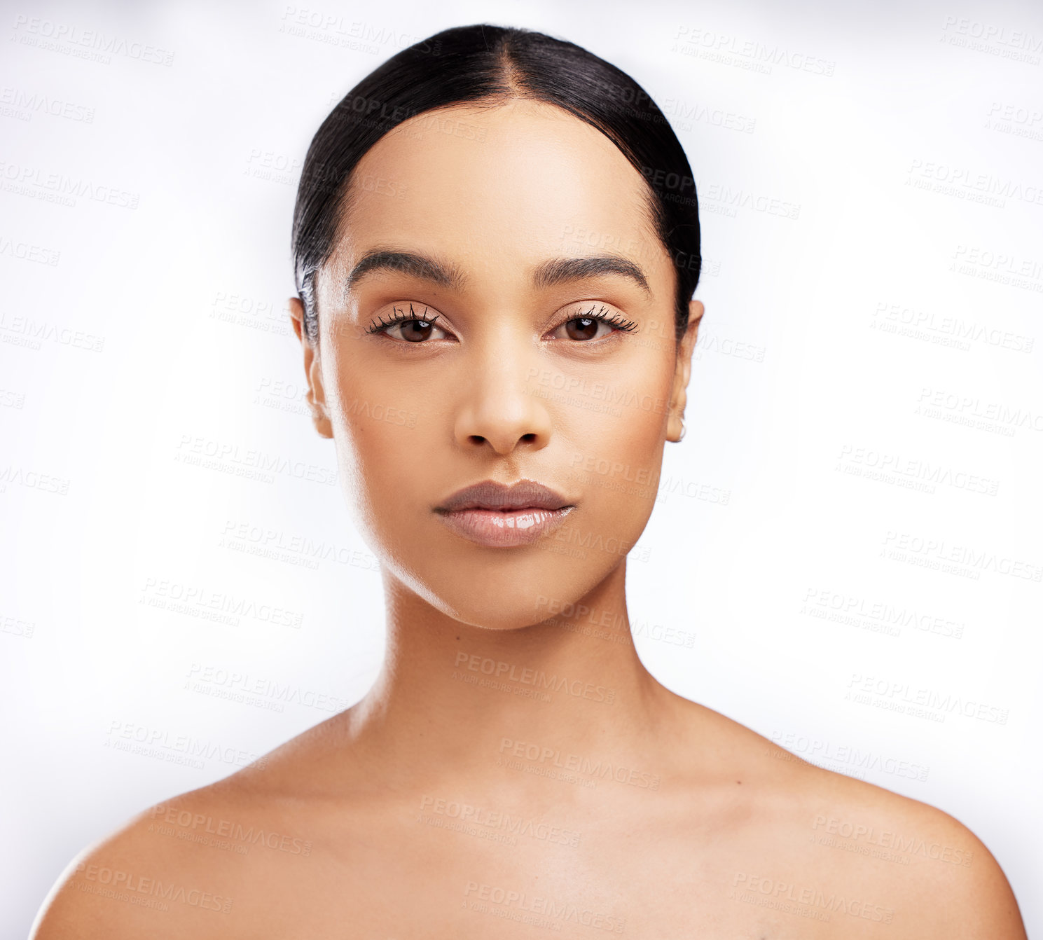 Buy stock photo Skincare, model and portrait for beauty, aesthetic and routine facial treatment. Spa, wellness and skin glow for dermatology on white studio background with black woman, cosmetics and collagen shine