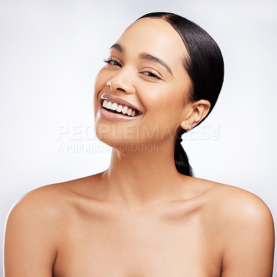 Buy stock photo Skincare, woman and portrait for wellness, aesthetic and routine facial treatment. Spa, smile and skin glow for dermatology on white studio background with black model, cosmetics and collagen shine