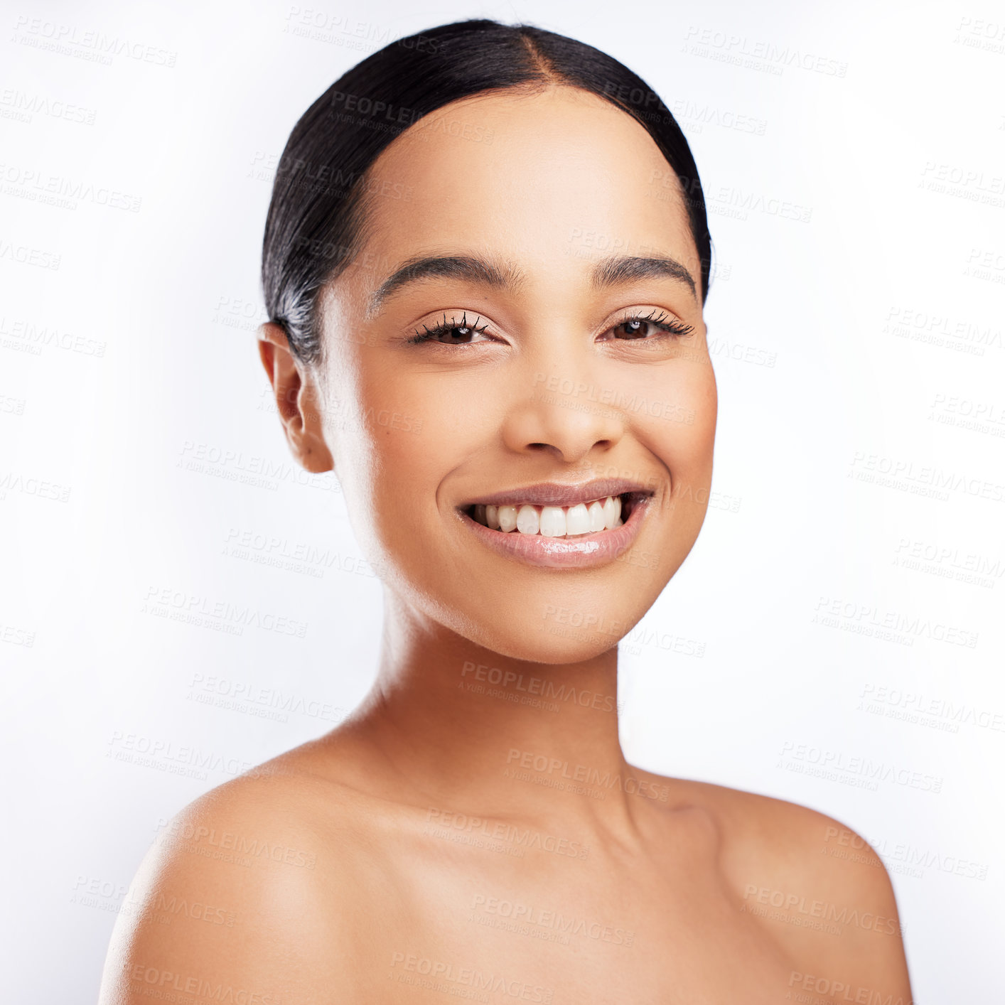 Buy stock photo Skincare, model and smile for wellness, aesthetic and routine facial treatment. Spa, beauty and skin glow for dermatology on white studio background with black woman, cosmetics and collagen shine